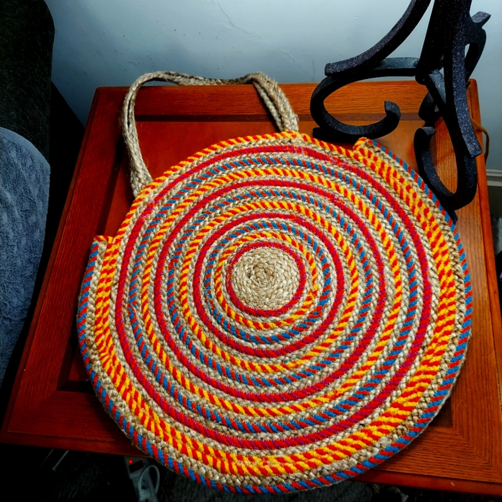 Multicolor Woven Jute Large Round Tote Bag Purse Boho